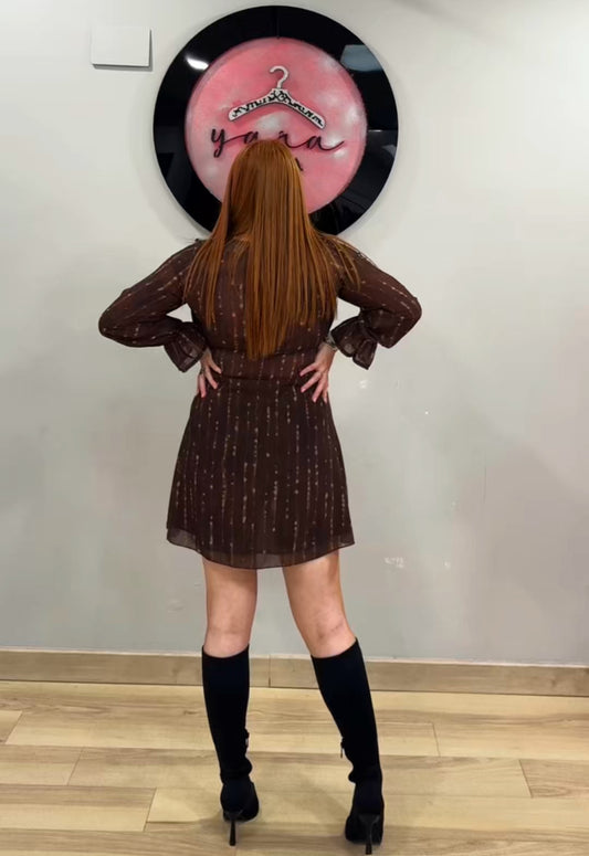 Vestido corto marrón efecto desgastado, escote pico, talla única XS a M/L.