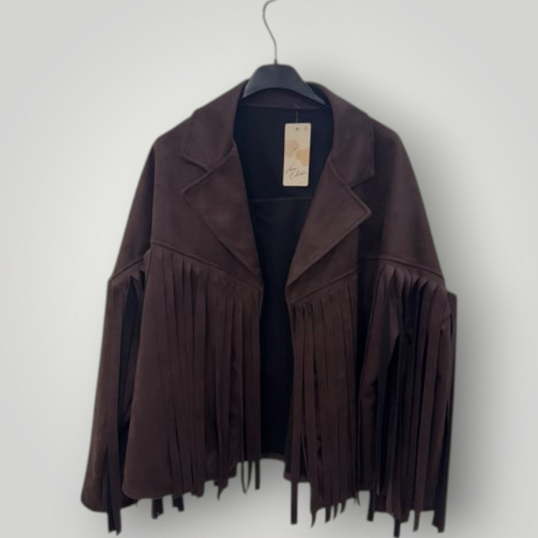 Chaqueta marrón chocolate efecto ante con flecos