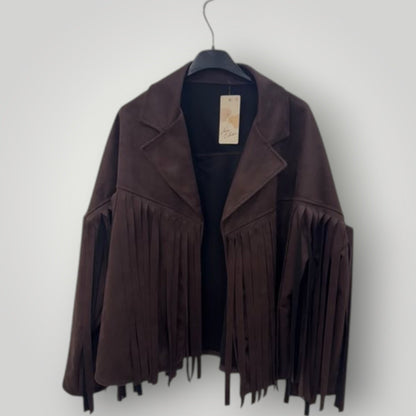 Chaqueta marrón chocolate efecto ante con flecos