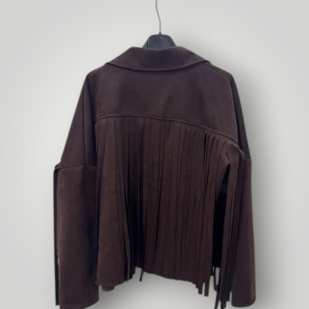 Chaqueta marrón chocolate efecto ante con flecos