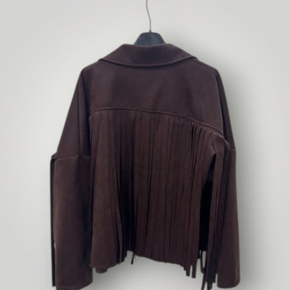 Chaqueta marrón chocolate efecto ante con flecos