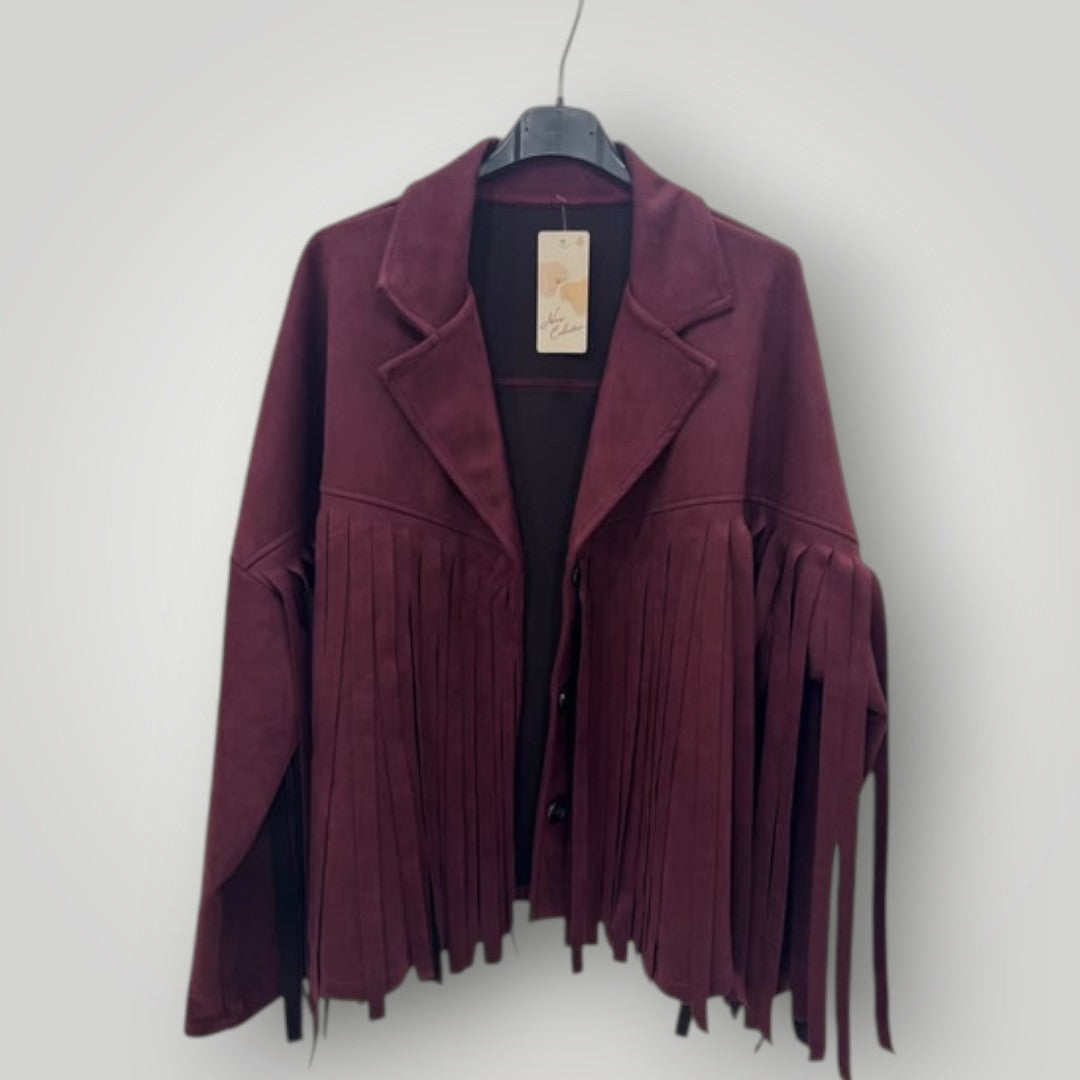 Chaqueta burdeos efecto ante con flecos