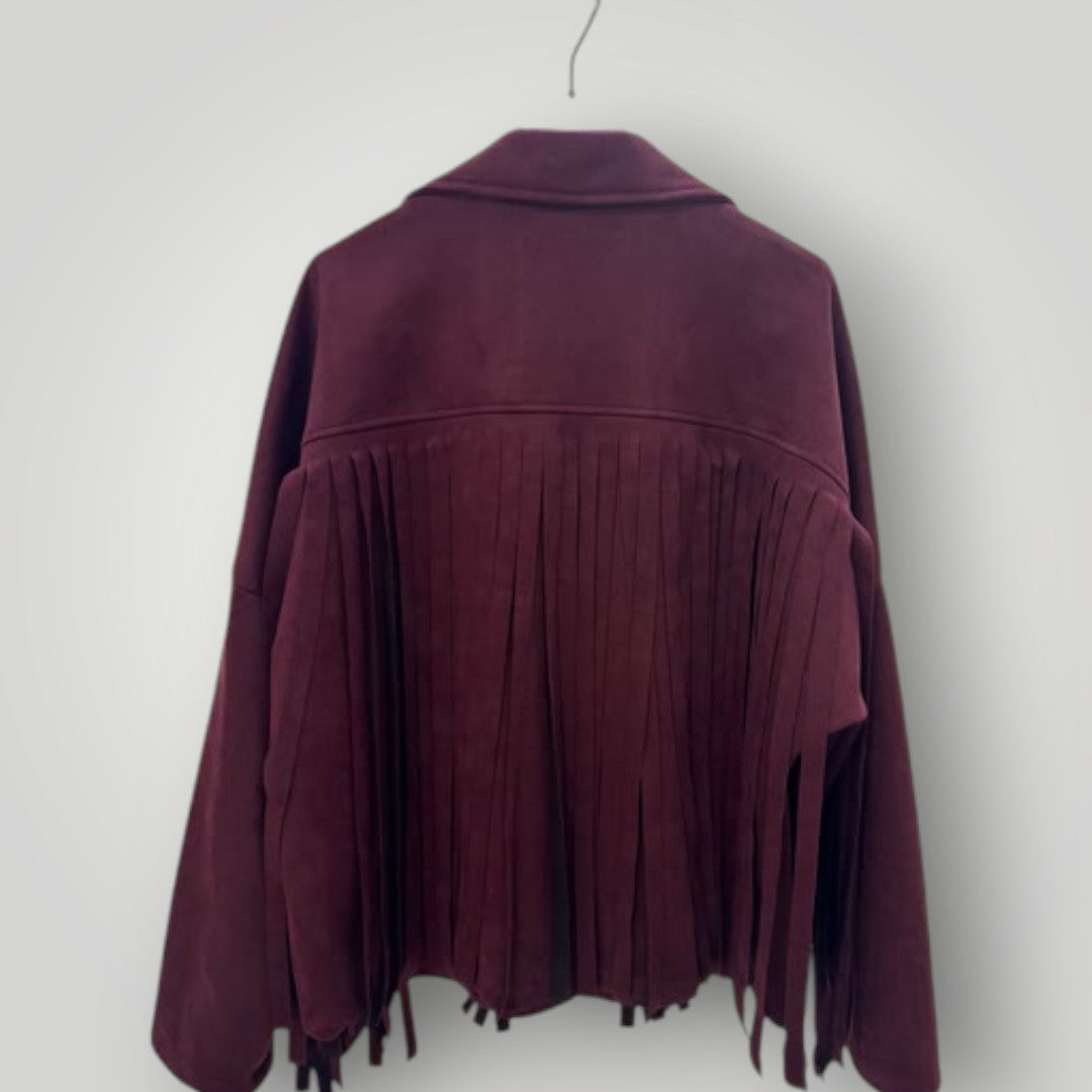 Chaqueta burdeos efecto ante con flecos