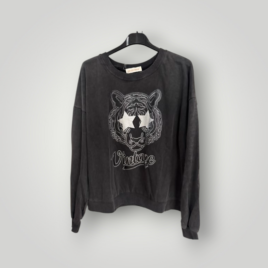 Sudadera negra vintage con tigre y estrellas mujer