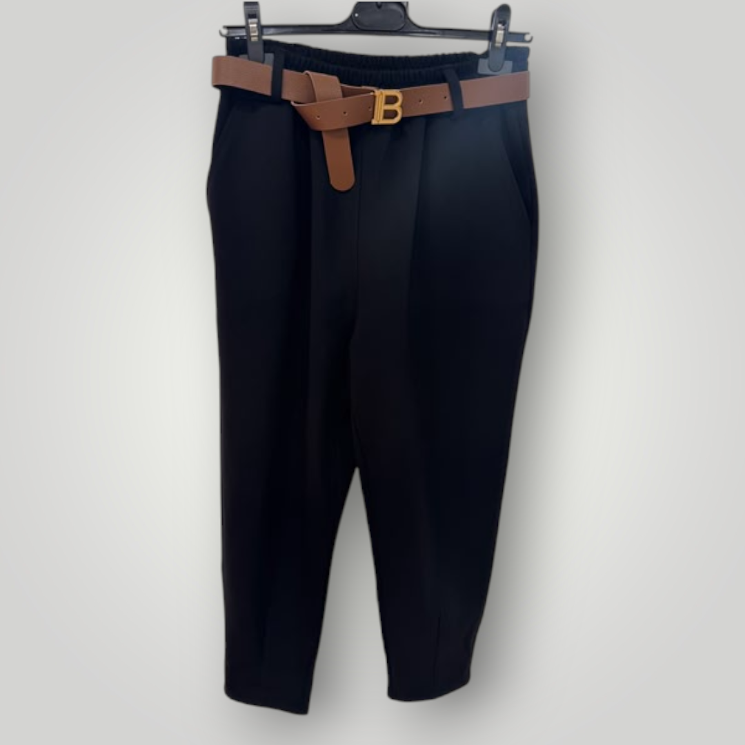 Pantalón de pinza elegante de mujer negro con cinturón